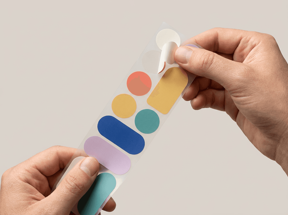 Hands applying self-adhesive labels from a carrier strip